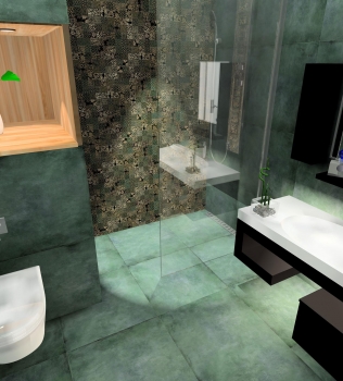 Amenajare baie cu gresie verde tip stucco